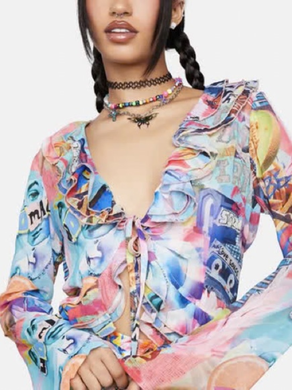 Elsie & Fred Mesh Ruffle Tie Front Long Sleeve Top Pop Art Print Size M